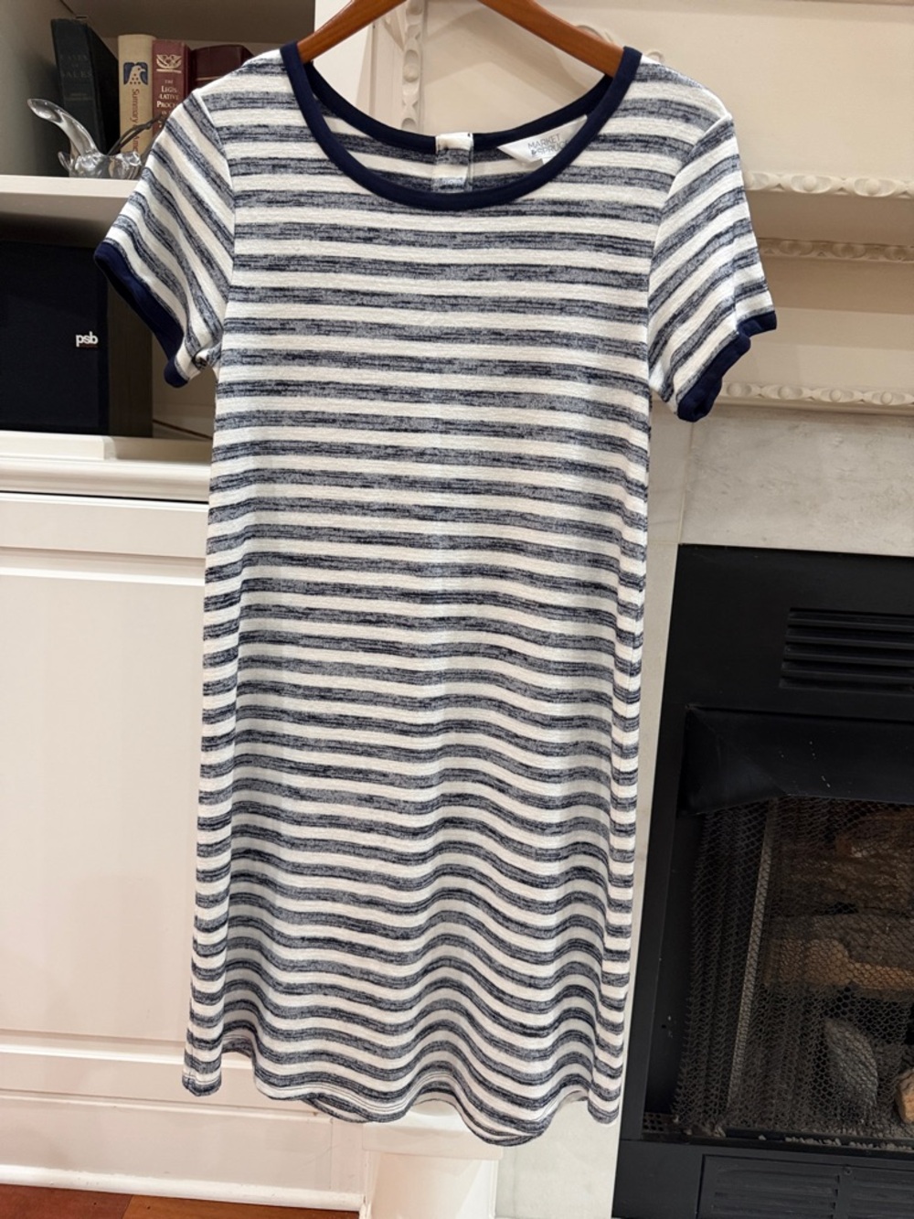 Coastal Grandmillennial Market & Spruce Navy White Striped Mini T-Shirt Dress S
